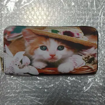 귀여운 고양이 패턴 라운드 지퍼 장지갑 미사용 새상품 인조 가죽