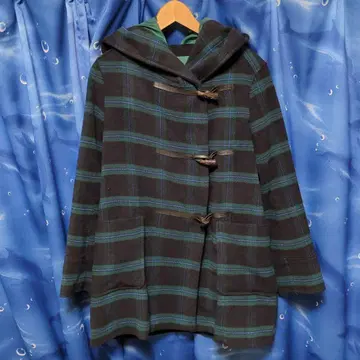 as know as 후드 부착 더플 코트 블랙과 그린 체크