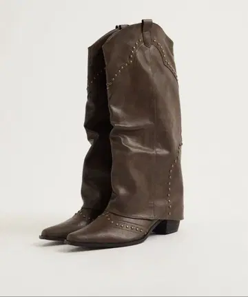 스터드 장식 다크 브라운 롱 부츠