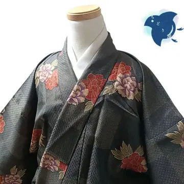 C40 치도리야 기모노 코몬 워셔블 기모노 화학 섬유 격자 무늬 꽃 블랙