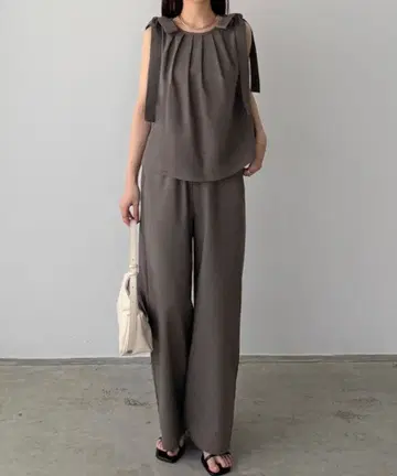 린넨 혼방 어깨 리본 백 오픈 셋업 밑단 기장 수선