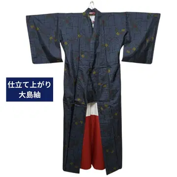 오시마 명주 이중 기모노 완성 평상복 남색 베이스 꽃무늬
