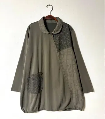 튜닉 자수 x 이소재 절개 그레이 카키 루즈핏 내추럴