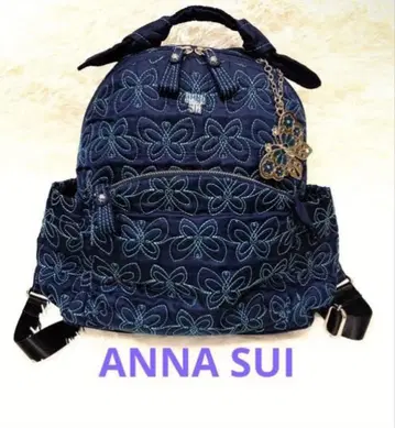 새상품급 안나수이 백팩 자수 올 패턴 로고 플레이트 블루
