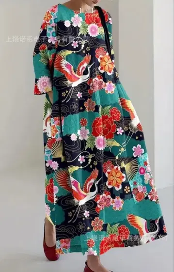 재패니즈 모던 학과 꽃 무늬 롱 원피스 넉넉한 실루엣 성숙/러블리 3L