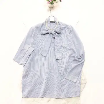 Theory*띠어리 럭스 보타이 리본 블라우스 보더 스카이블루 38