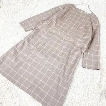 격자 무늬 노카라 원피스 포켓 부착 XL 베이지