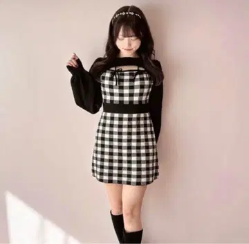 evelyn 리본 체크 타이트 OP 원피스