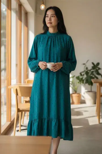 그린 도트 밑단 프릴 원피스