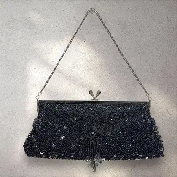 앤티크풍 비즈 자수 스팽글 핸드백 파티 일본 의류 블랙