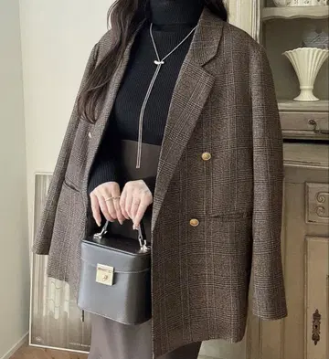 Meiru 테일러드 자켓 브라운 체크 M
