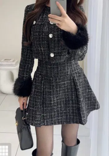 퍼 슬리브 자켓 x 미니스커트 트위드 셋업 pm796