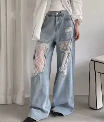 AsRiRe 레이스 데미지 데님 팬츠