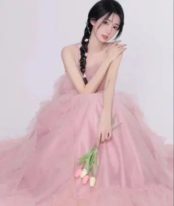 핑크 프릴 롱 드레스