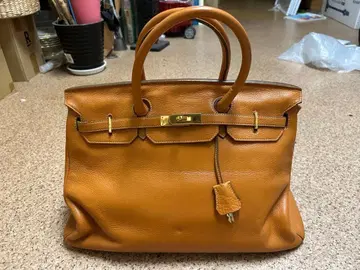 레어 소메스 오렌지 가죽 핸드백 골드 금장 장식