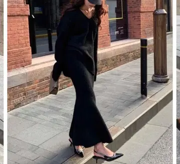 블랙 V넥 니트 스커트 셋업