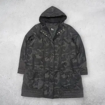 카모 패턴 롱 다운 코트 후드 부착 더블 지퍼 카키 38 밀리터리