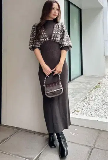 MERCURYDUO 체크 자카드 도킹 니트 원피스