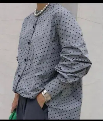 마챗 도트 스탠드 카라 셔츠 그레이 블라우스 오버 사이즈