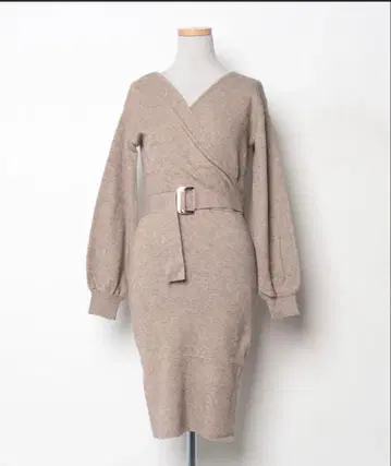 리젝시/베이지 벨트 포함 랩 니트 원피스