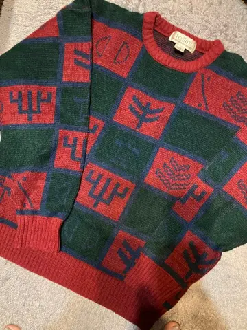 fell ini 기하학 패턴 니트 스웨터 그린과 빨간색 남성용 L