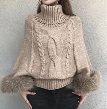 veila 인조 모피 포함 케이블 니트 판초