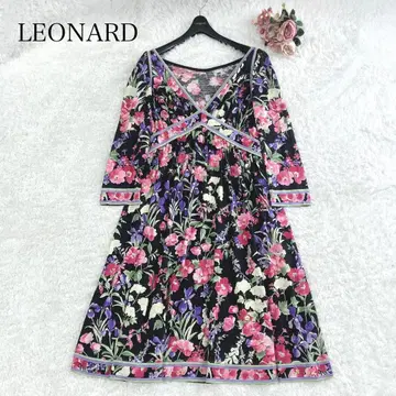 새상품급 실크 혼방 레오나르 원피스 티셔츠 꽃 장식 블랙 핑크 L