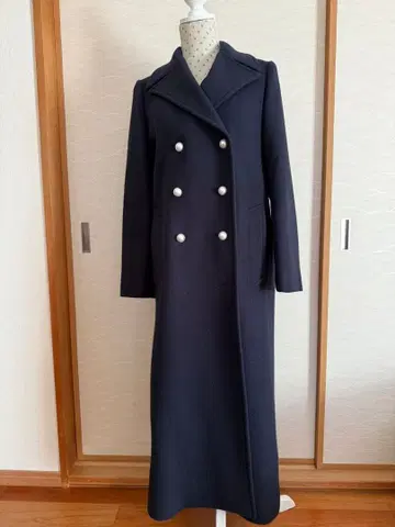 네이비 더블 브레스트 롱 코트