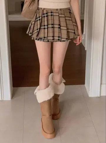 플리츠 미니스커트 브라운 체크
