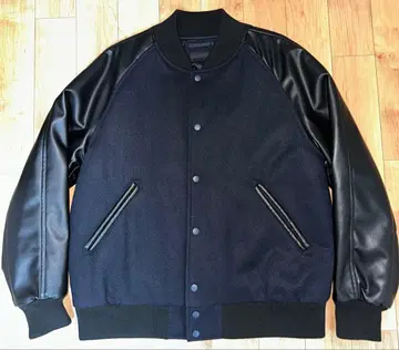 울 가죽 바시티 자켓 네이비