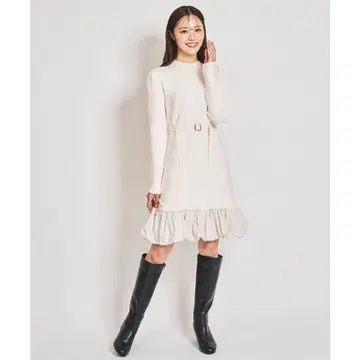 아이보리 프릴 밑단 벨트 원피스