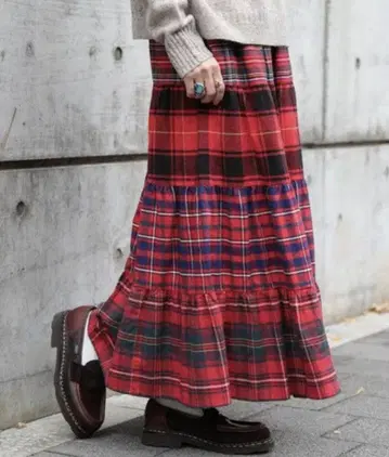 BEAMS BOY / 플란넬 타탄 체크 티어드 롱 스커트