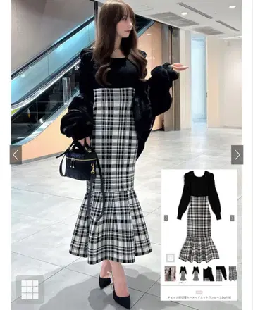GRL 체크 무늬 절개 머메이드 니트 원피스 [Kz719]