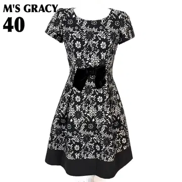 M'S GRACY 반팔 원피스 벨로아 리본 40 블랙 x 실버 총 자수