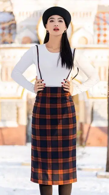 [ JENNE ] 서스펜더 체크 스커트 오렌지 L 사이즈
