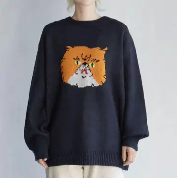 gleam 자카드 고양이 니트 스웨터 네이비