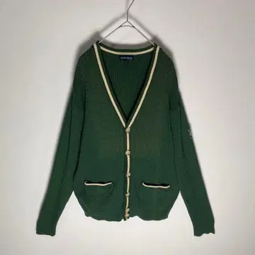 V넥 가디건 대비 트리밍 그린 리브 짜임 케이블 짜임 L