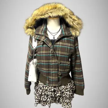 점퍼 블루종 후드 퍼 체크 짧은 기장 Y2K 헤이세이 갸루