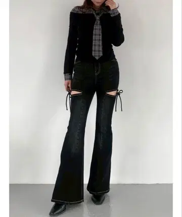 컷 아웃 리본 데님 팬츠