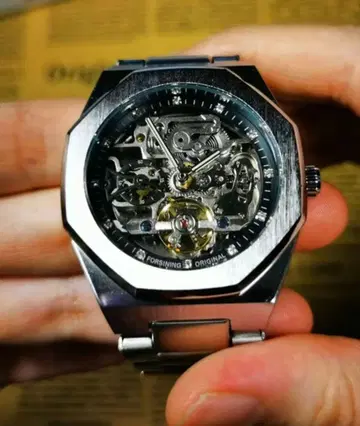 자동 태엽 팔각형 실버 손목시계 박스 포함