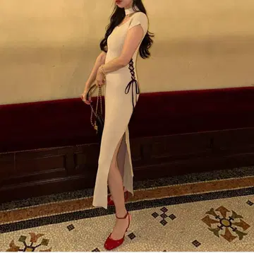 amerge 초커 x 레이스업 맥시 원피스 베이지