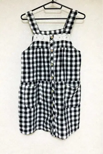 슬리브리스 체크 무늬 원피스 에이프런 버튼 다운