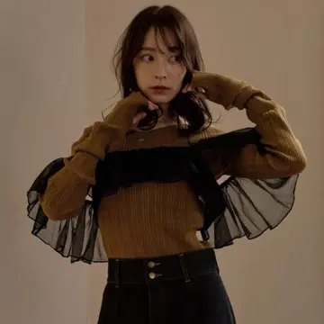 mideal 롱 슬리브 리브 니트 카키