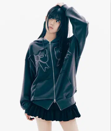 YOUHEE 리본 후드 집업 차콜 후드티