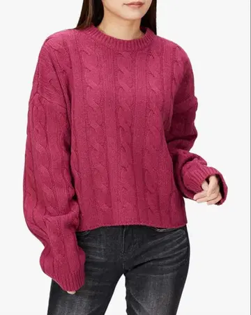 미라 오웬 크루넥 케이블 짧은 니트 핑크