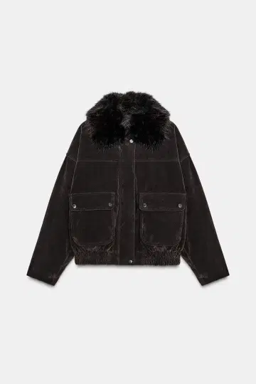 ZARA/카라 퍼 부착 다크 브라운 봄버 자켓/