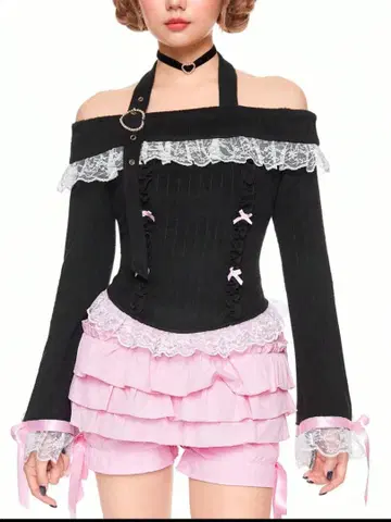 오프숄더 블랙 상의 치마바지 세트 지뢰계