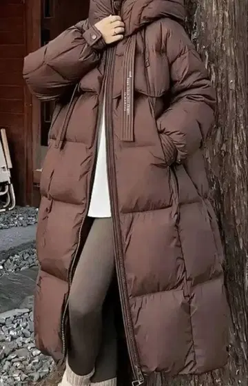 후드 부착 롱 윈터 자켓 커피 브라운