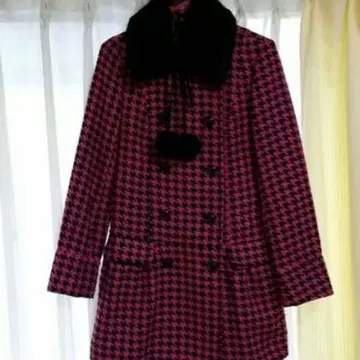 INGNI 핑크 블랙 하운드투스 체크 패턴 더블 브레스트 코트 피코트