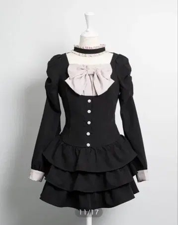 프론트 리본 초커 티어드 미니 원피스